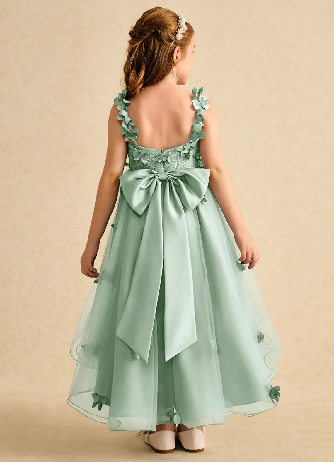 V-Neck 3D Floral Spaghetti Strap Sage Green Tulle Hi-Lo Flower Girl Dresses with Back Bow