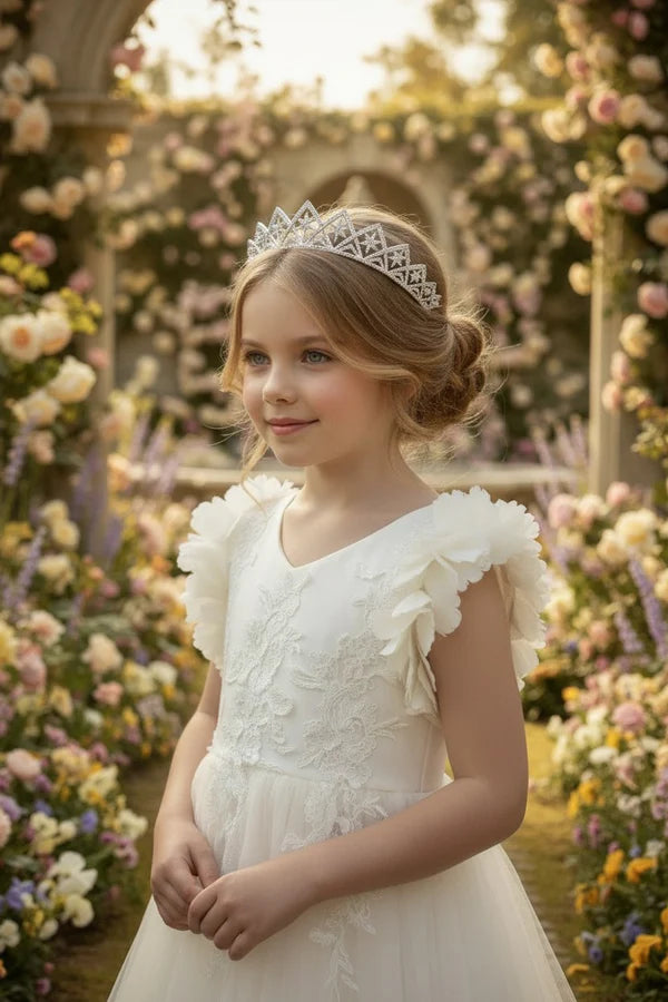 V Neck 3D Floral Strap White Tulle Full Length First Communion Dresses