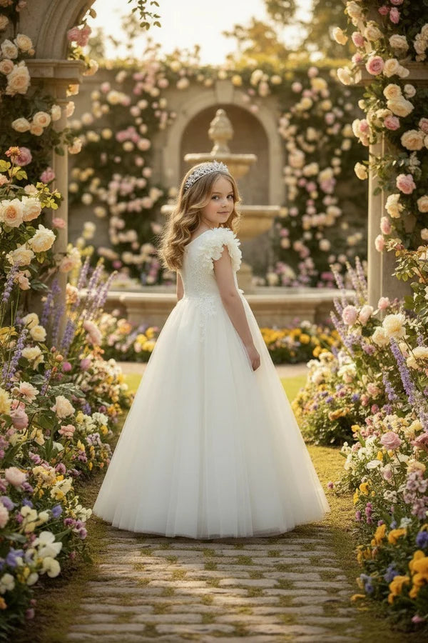 V Neck 3D Floral Strap White Tulle Full Length First Communion Dresses