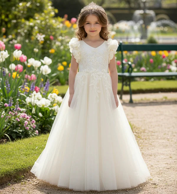 V Neck 3D Floral Strap White Tulle Full Length First Communion Dresses