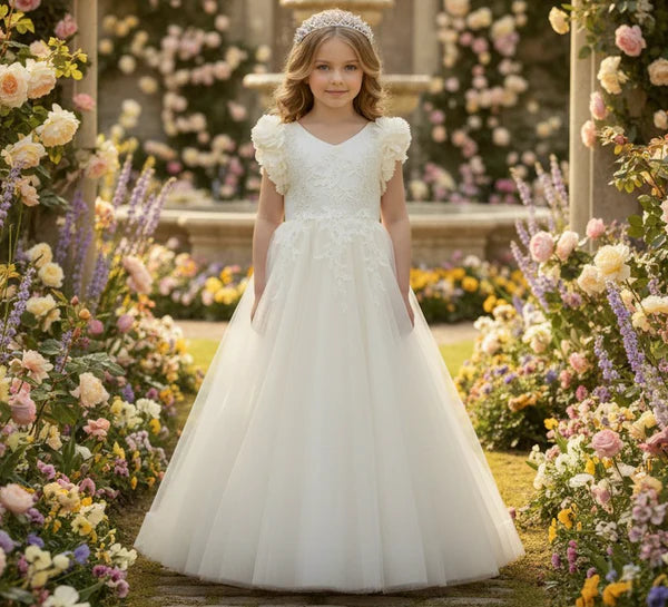 V Neck 3D Floral Strap White Tulle Full Length First Communion Dresses