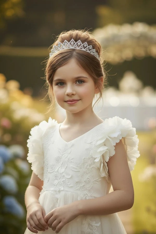 V Neck 3D Petal Shoulder White Tulle Midi First Communion Dresses