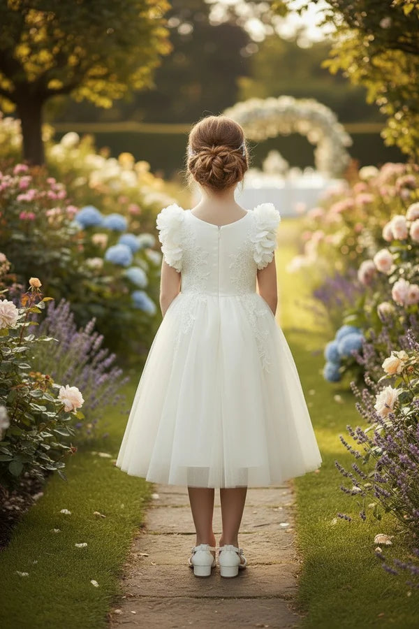 V Neck 3D Petal Shoulder White Tulle Midi First Communion Dresses