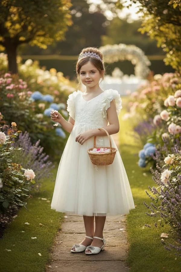 V Neck 3D Petal Shoulder White Tulle Midi First Communion Dresses