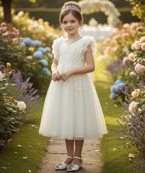 V Neck 3D Petal Shoulder White Tulle Midi First Communion Dresses