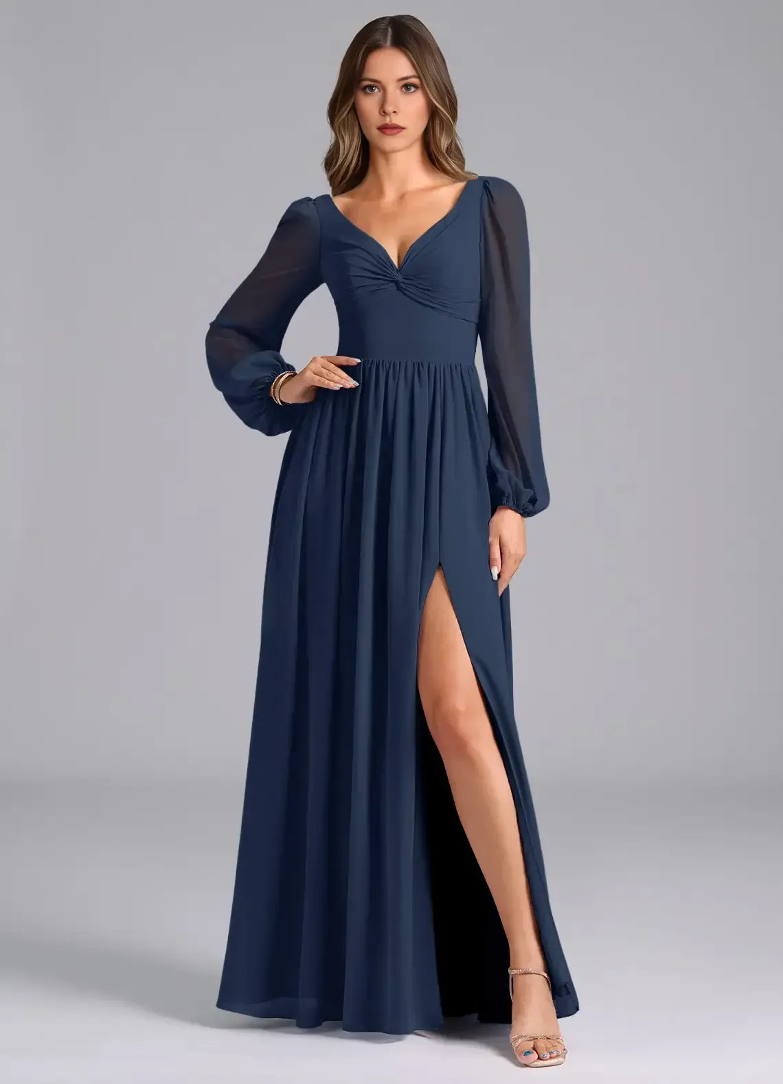 V Neck Bishop Long Sleeve Open Back Tie High Slit Empire Waist Chiffon Long Bridesmaid Dress