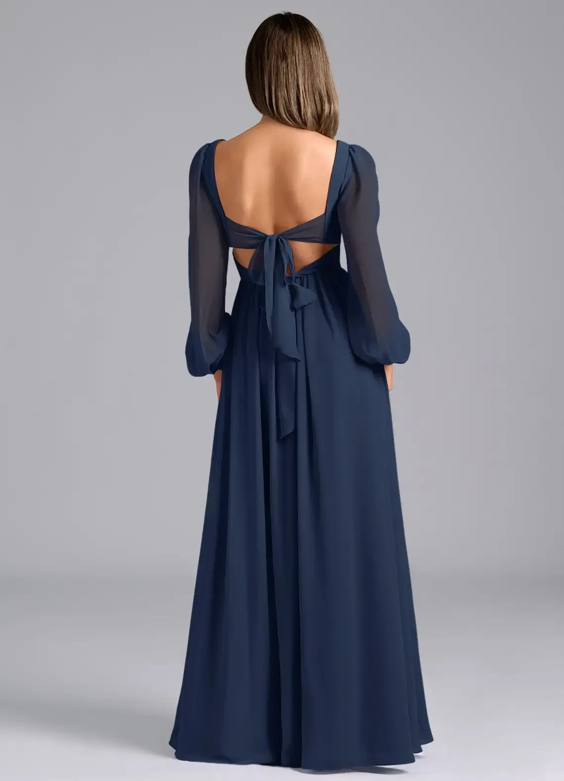 V Neck Bishop Long Sleeve Open Back Tie High Slit Empire Waist Chiffon Long Bridesmaid Dress