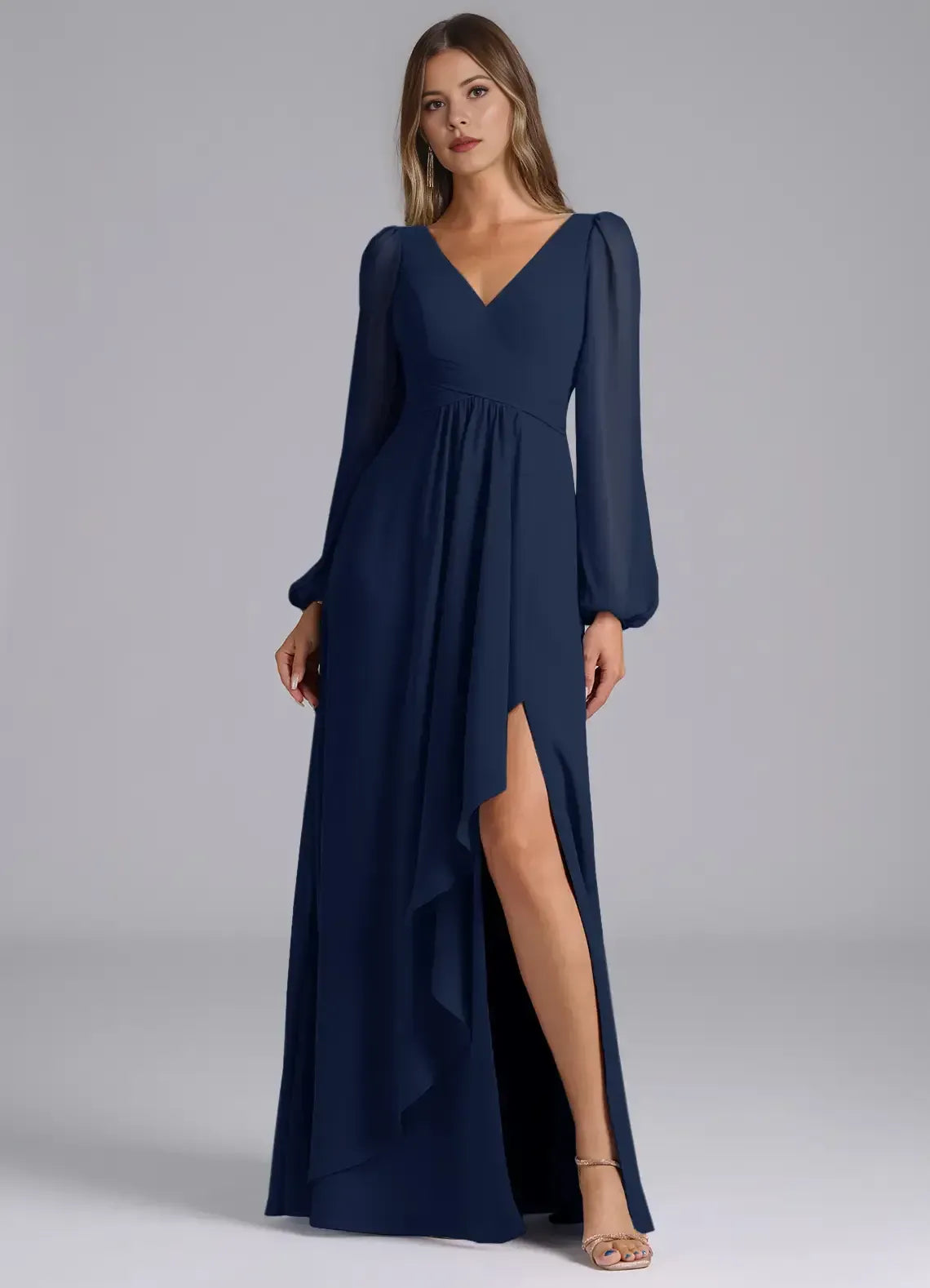 V Neck Bishop Long Sleeve V Back Ruffle High Slit Empire Waist Chiffon Long Bridesmaid Dress