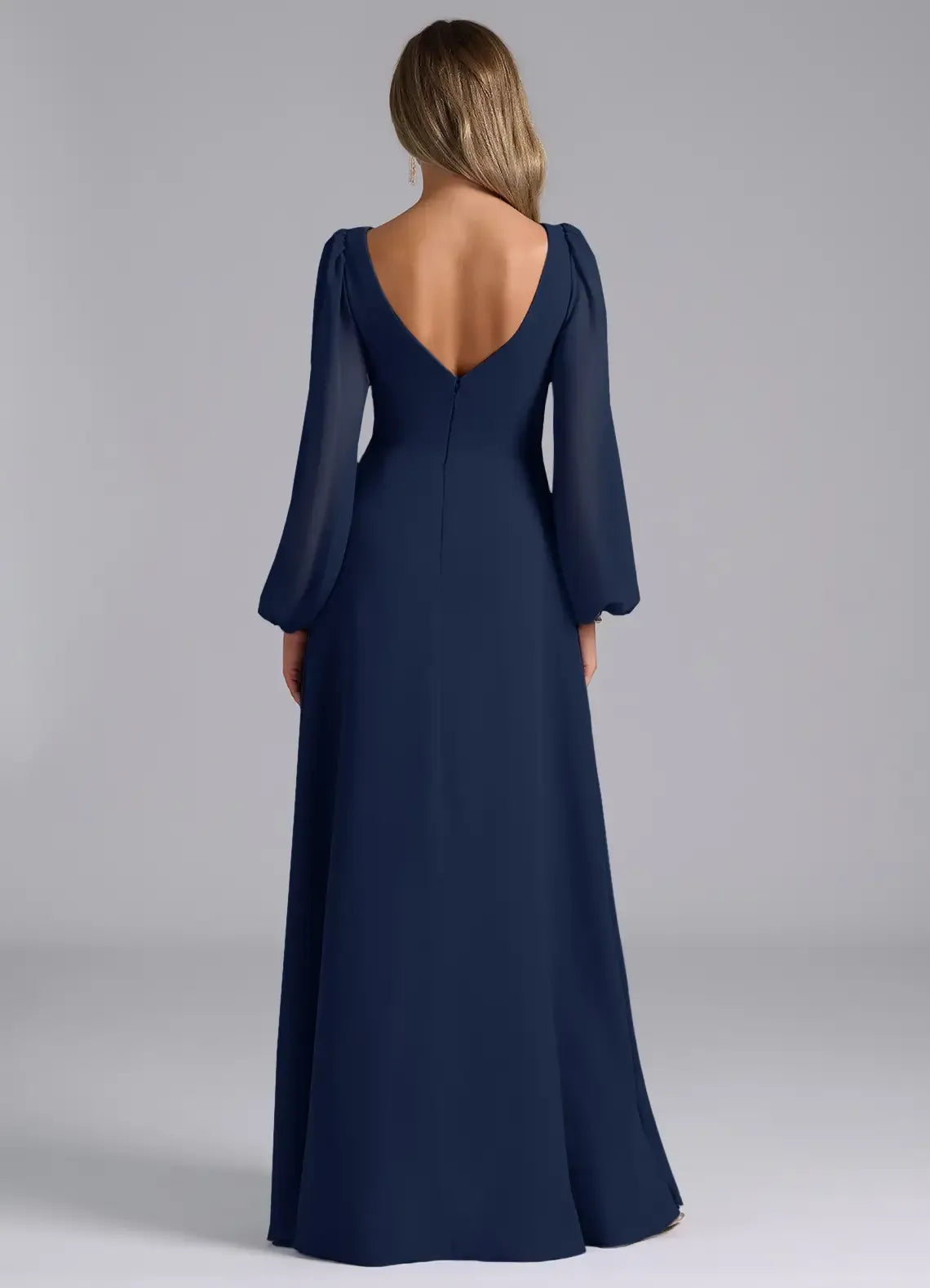 V Neck Bishop Long Sleeve V Back Ruffle High Slit Empire Waist Chiffon Long Bridesmaid Dress