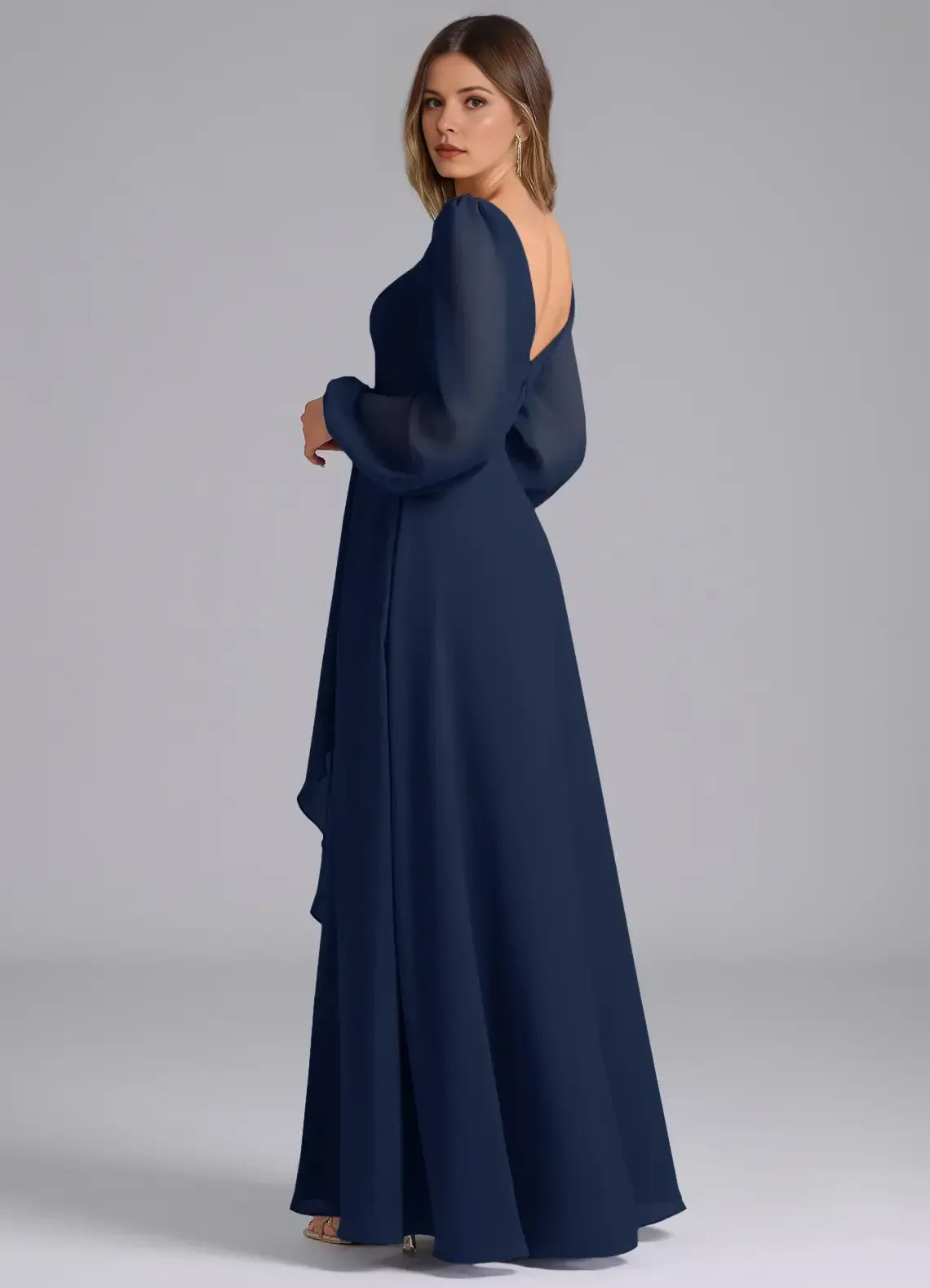 V Neck Bishop Long Sleeve V Back Ruffle High Slit Empire Waist Chiffon Long Bridesmaid Dress