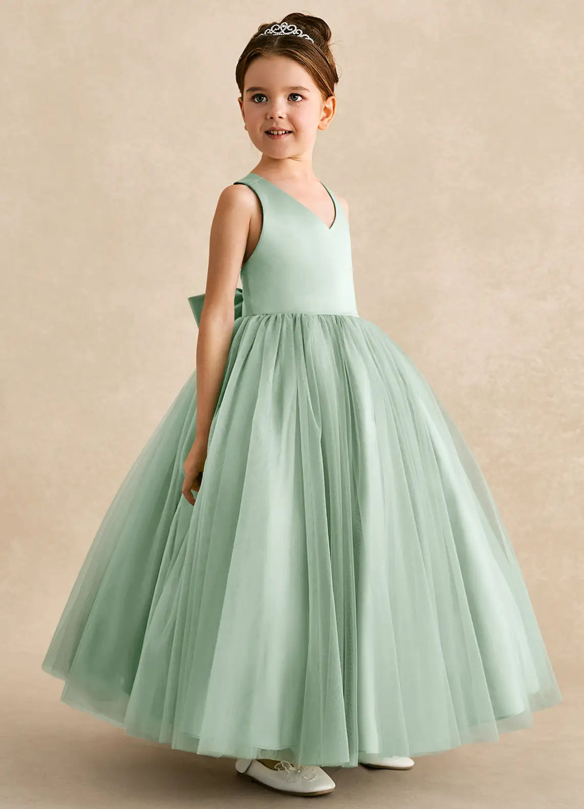 V-Neck Crisscross Back Big Self-Tie Bow Dusty Sage Tulle Full Length Flower Girl Dresses