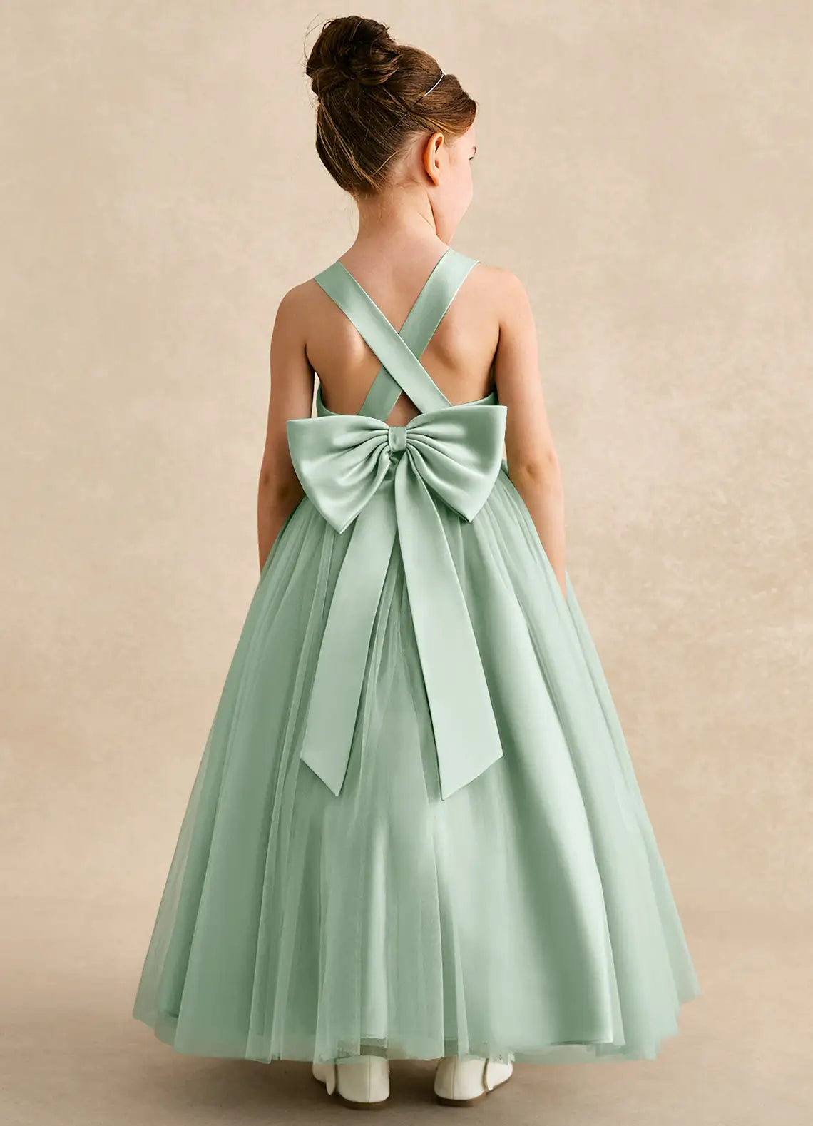 V-Neck Crisscross Back Big Self-Tie Bow Dusty Sage Tulle Full Length Flower Girl Dresses