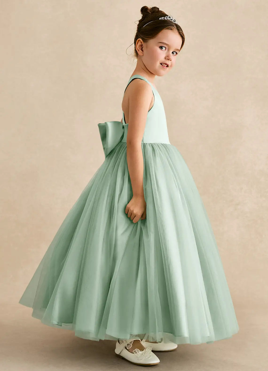 V-Neck Crisscross Back Big Self-Tie Bow Dusty Sage Tulle Full Length Flower Girl Dresses