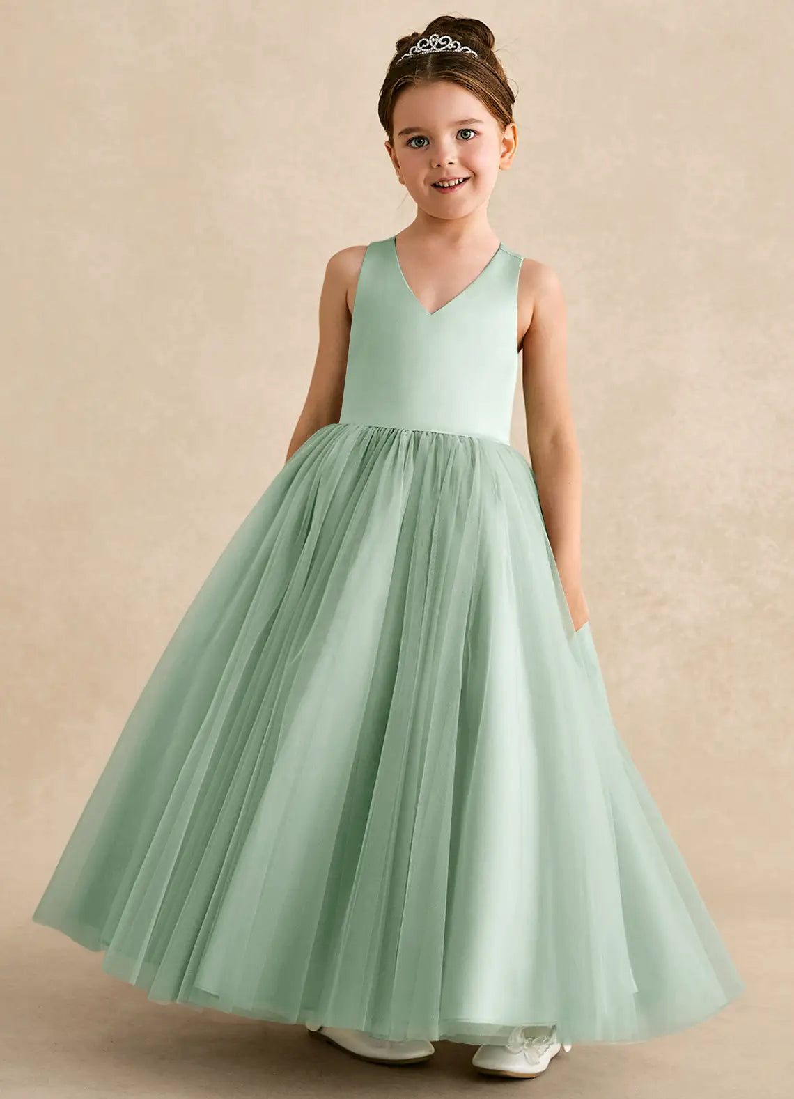 V-Neck Crisscross Back Big Self-Tie Bow Dusty Sage Tulle Full Length Flower Girl Dresses
