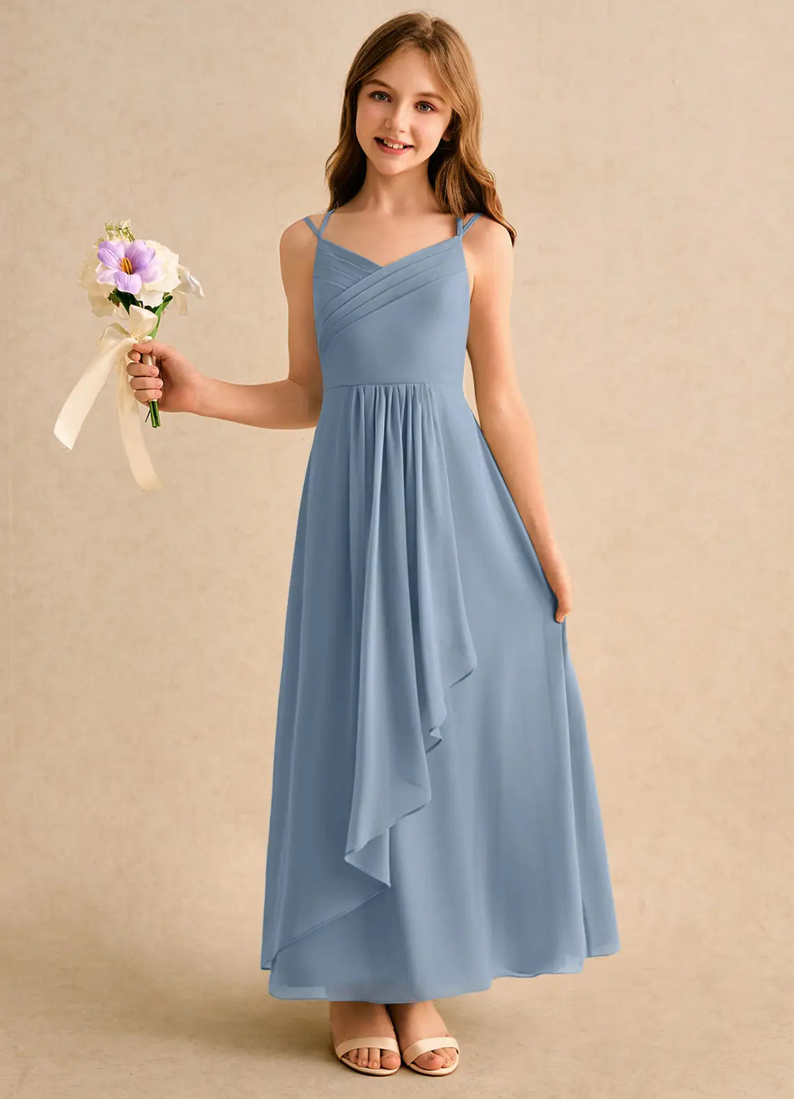 V Neck Double Spaghetti Strap Dusty Blue Chiffon Full-Length Junior Bridesmaid Dresses with Front Cascade Ruffle