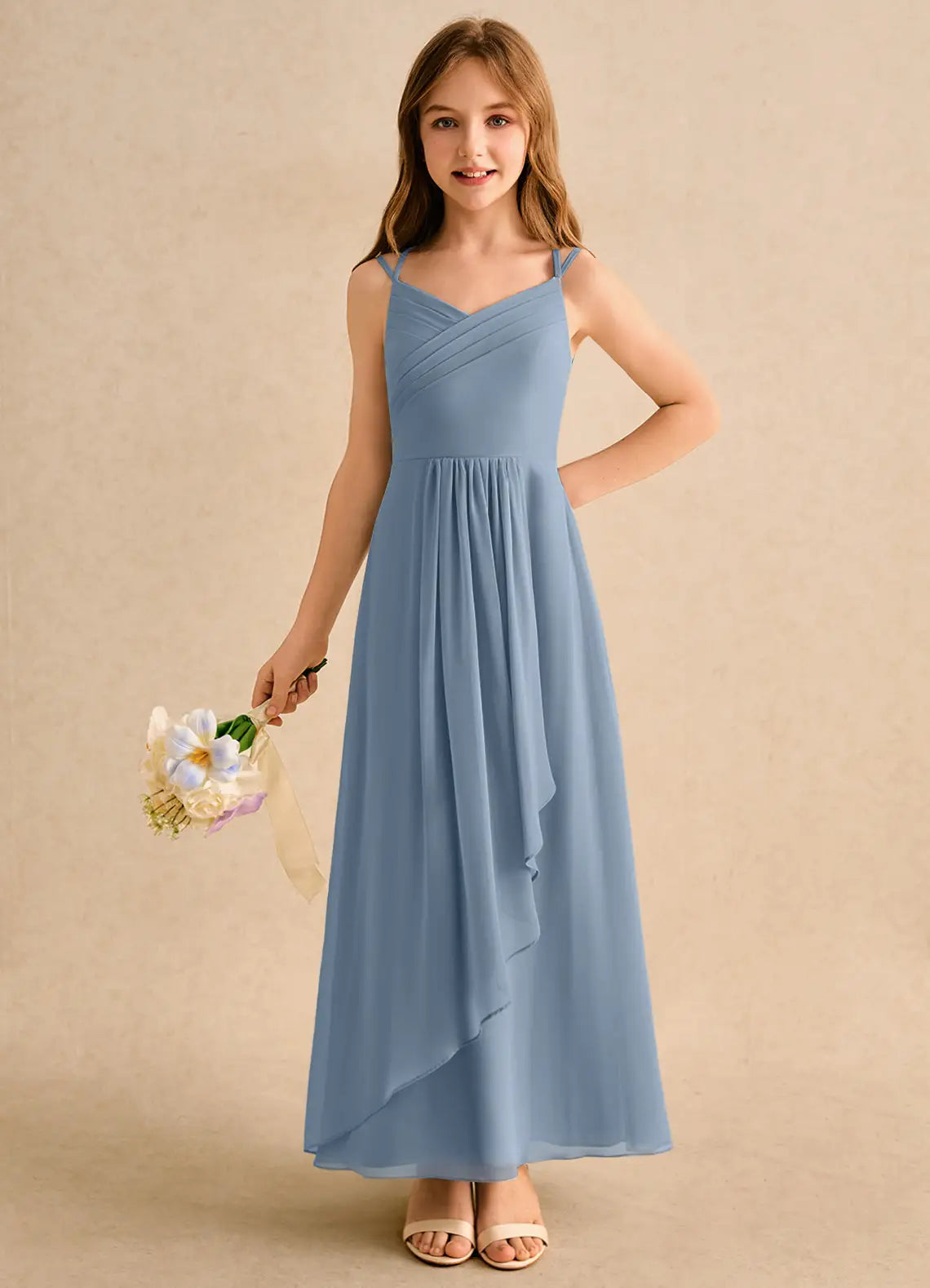V Neck Double Spaghetti Strap Dusty Blue Chiffon Full-Length Junior Bridesmaid Dresses with Front Cascade Ruffle