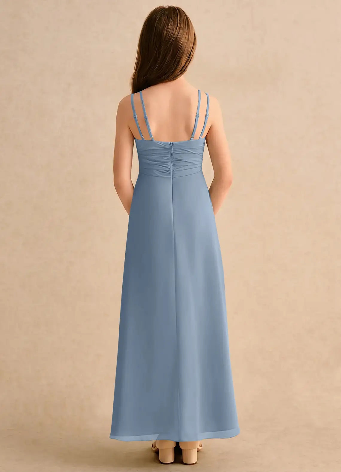 V Neck Double Spaghetti Strap Dusty Blue Chiffon Full-Length Junior Bridesmaid Dresses with Front Cascade Ruffle