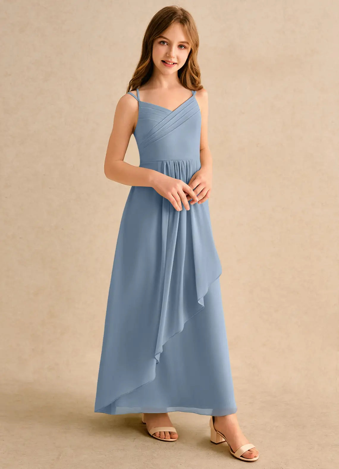 V Neck Double Spaghetti Strap Dusty Blue Chiffon Full-Length Junior Bridesmaid Dresses with Front Cascade Ruffle