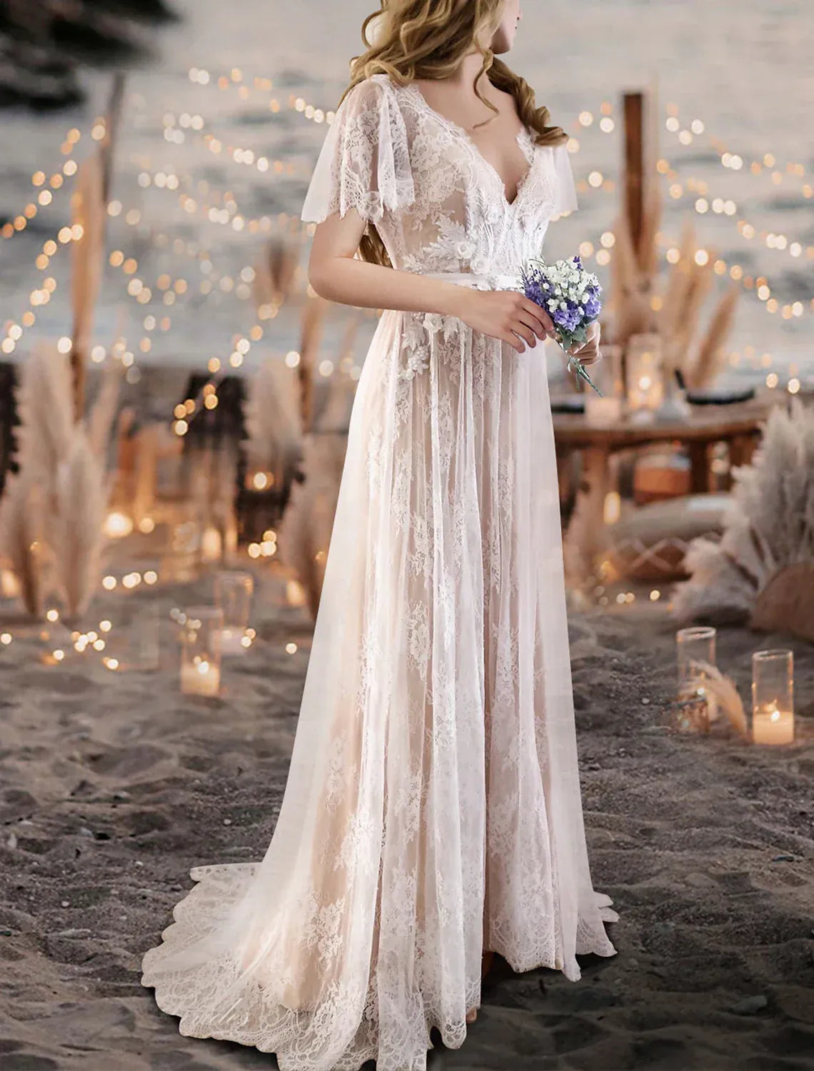 V Neck Flutter Short Sleeve Lace A Line Wedding Dress Low Back Pearl Button Chapel Train