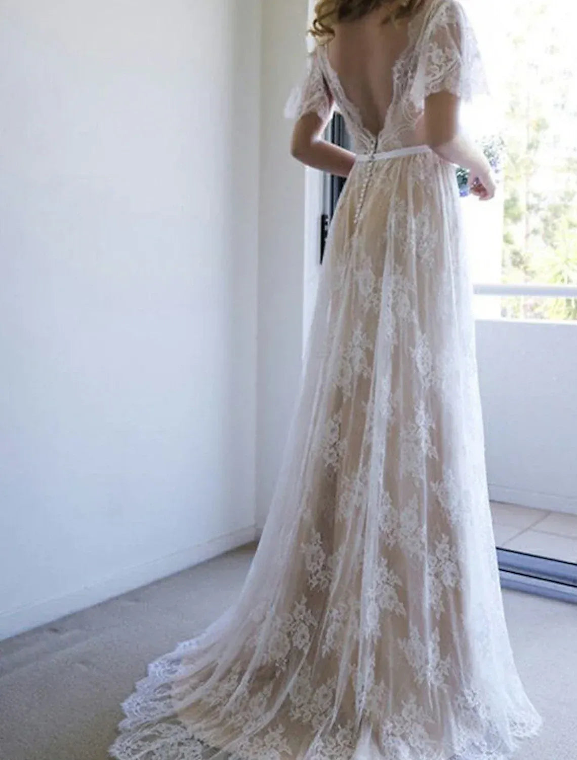 V Neck Flutter Short Sleeve Lace A Line Wedding Dress Low Back Pearl Button Chapel Train