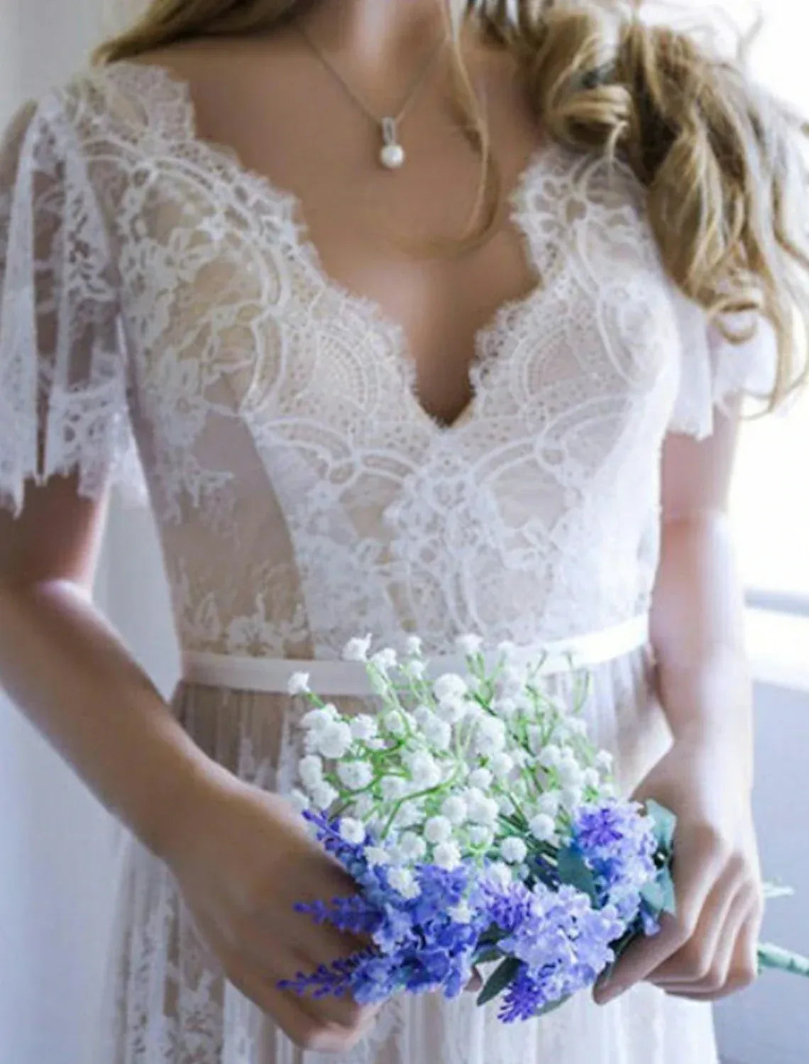 V Neck Flutter Short Sleeve Lace A Line Wedding Dress Low Back Pearl Button Chapel Train
