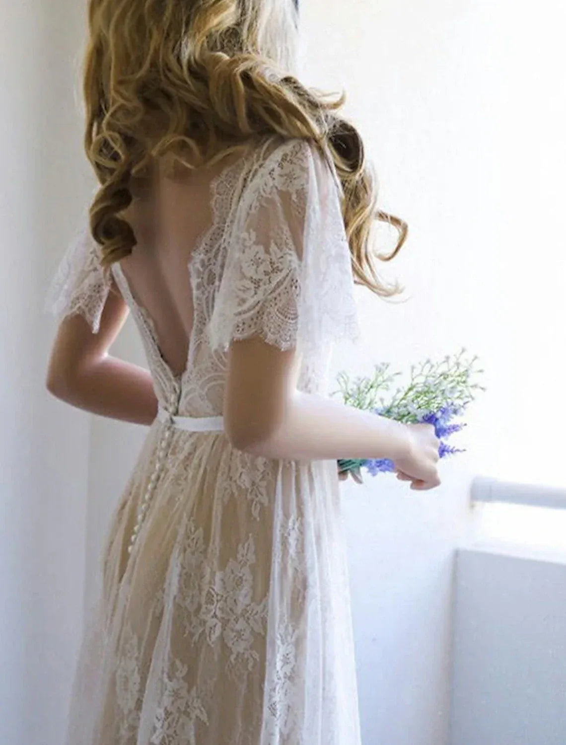 V Neck Flutter Short Sleeve Lace A Line Wedding Dress Low Back Pearl Button Chapel Train