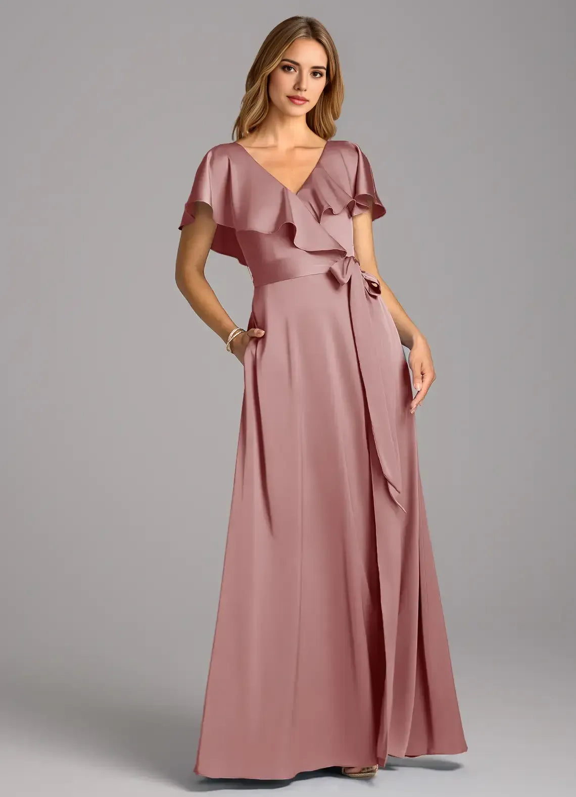 V Neck Flutter Short Sleeve Sash Tie Waist Pocket Floor Length Satin Bridesmaid Dress