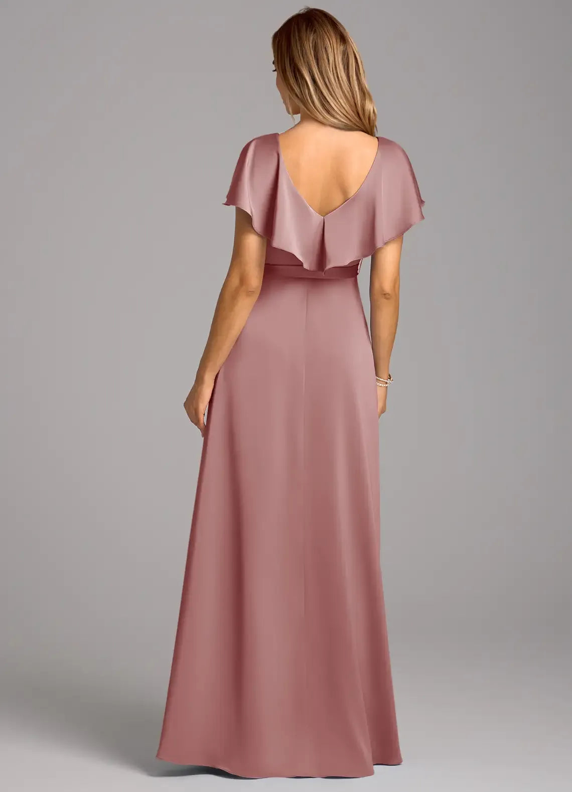 V Neck Flutter Short Sleeve Sash Tie Waist Pocket Floor Length Satin Bridesmaid Dress