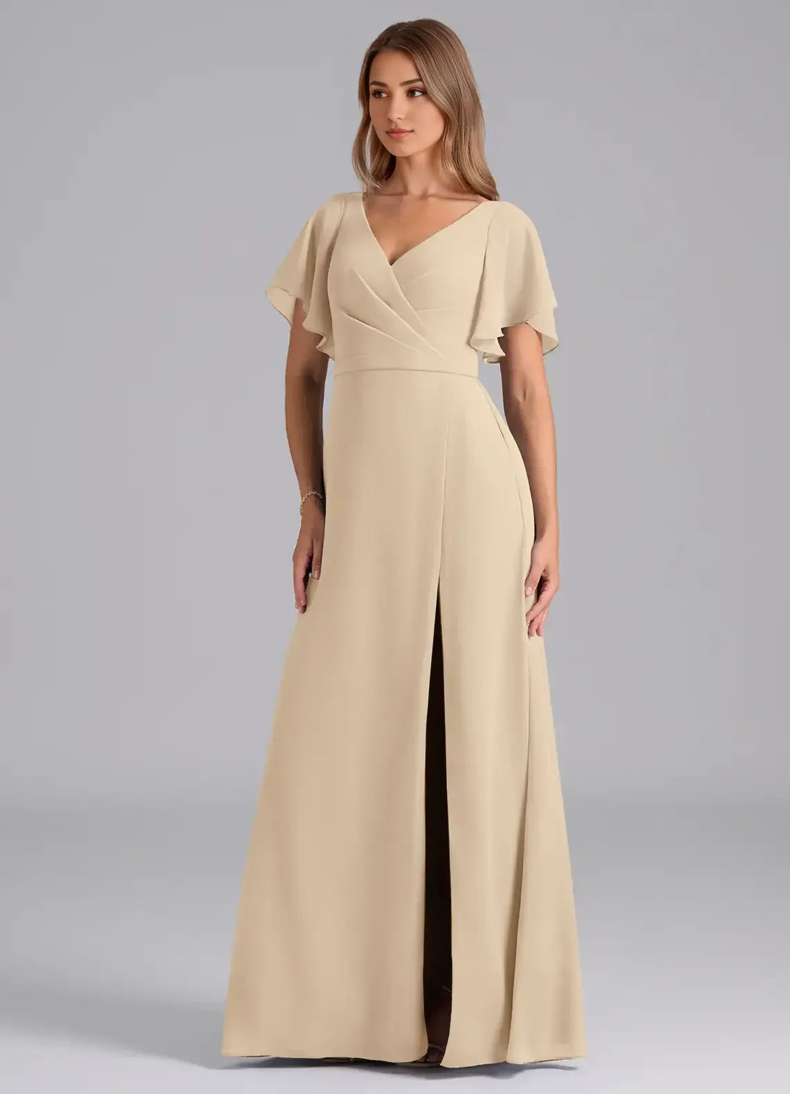 V Neck Flutter Short Sleeve Wrap High Slit A Line Chiffon Long Bridesmaid Dress