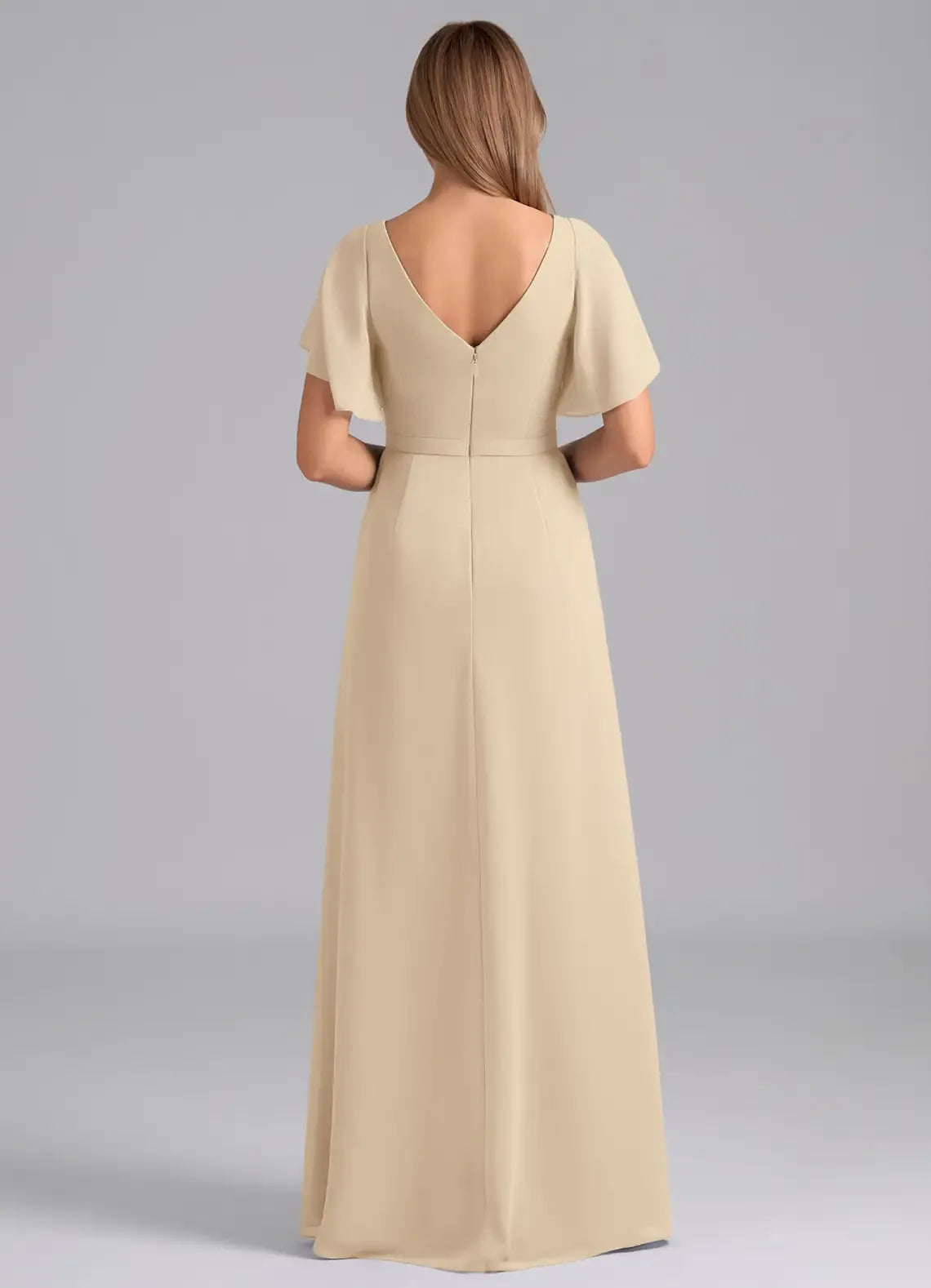 V Neck Flutter Short Sleeve Wrap High Slit A Line Chiffon Long Bridesmaid Dress