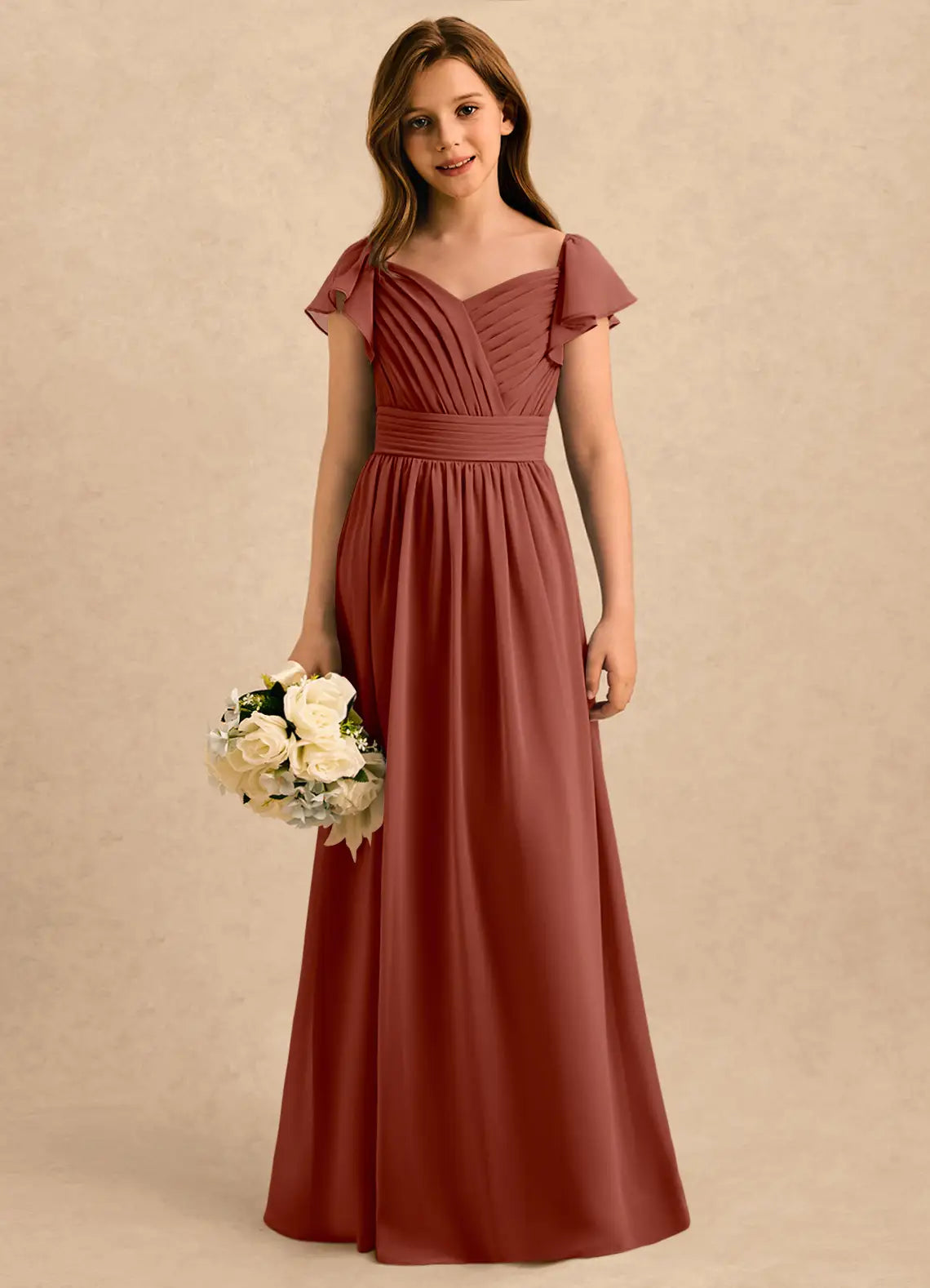 V Neck Flutter Sleeve Cinnamon Rose Chiffon Full-Length Junior Bridesmaid Dresses