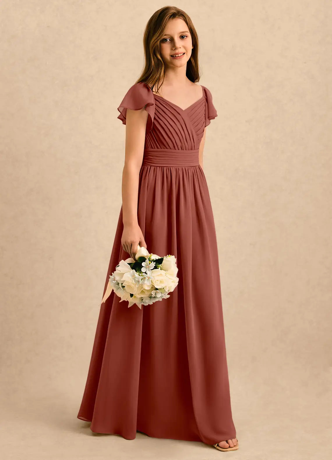 V Neck Flutter Sleeve Cinnamon Rose Chiffon Full-Length Junior Bridesmaid Dresses