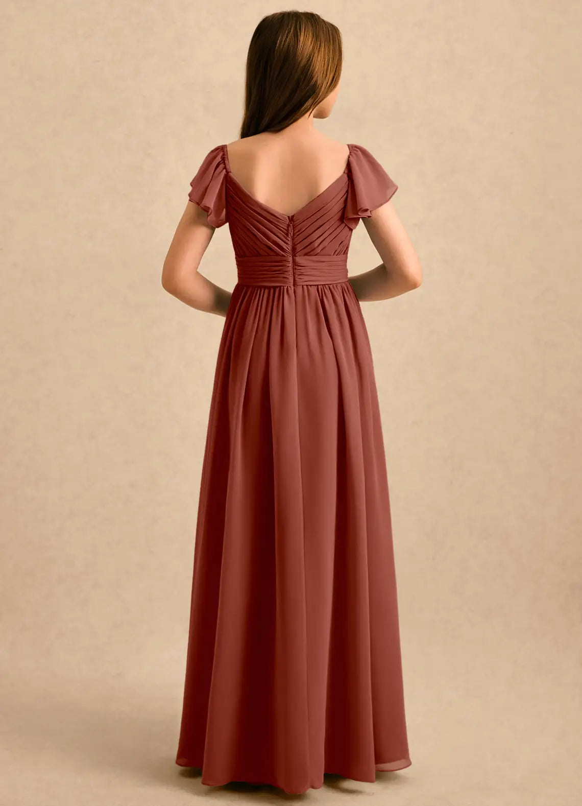 V Neck Flutter Sleeve Cinnamon Rose Chiffon Full-Length Junior Bridesmaid Dresses