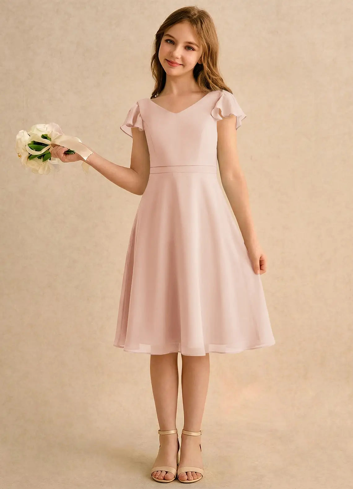 V-Neck Flutter Sleeve Crisscross Back Dusty Pink Chiffon Knee-Length Junior Bridesmaid Dresses