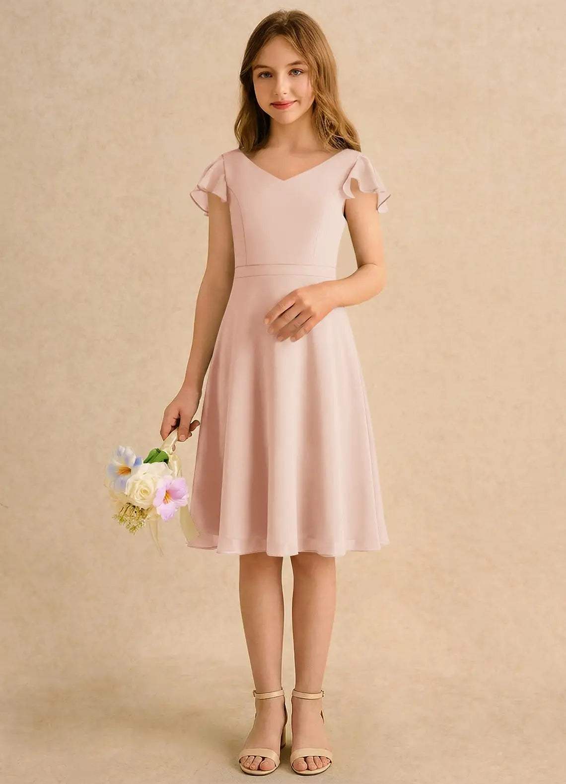 V-Neck Flutter Sleeve Crisscross Back Dusty Pink Chiffon Knee-Length Junior Bridesmaid Dresses