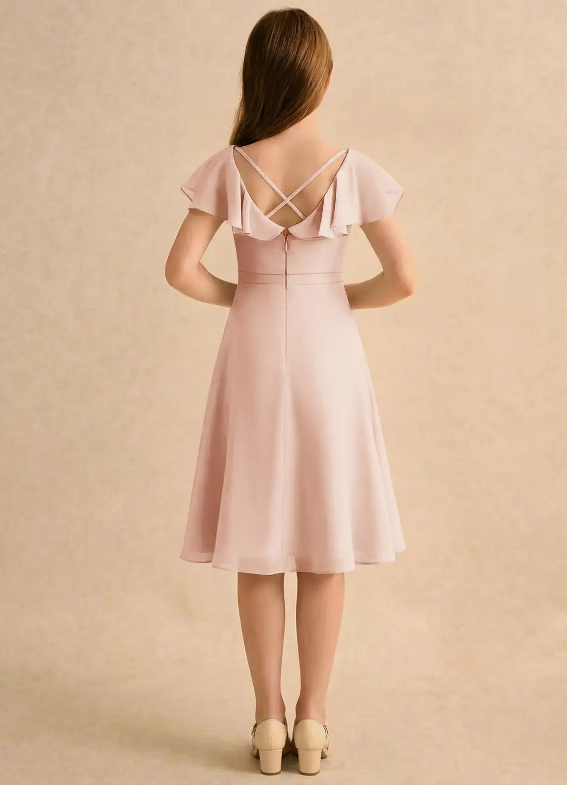 V-Neck Flutter Sleeve Crisscross Back Dusty Pink Chiffon Knee-Length Junior Bridesmaid Dresses