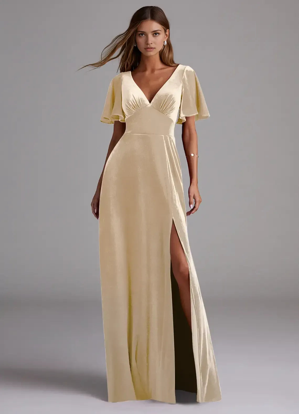 V Neck Flutter Sleeve Cutout Back Tie Bow High Slit Velvet Long Bridesmaid Dress