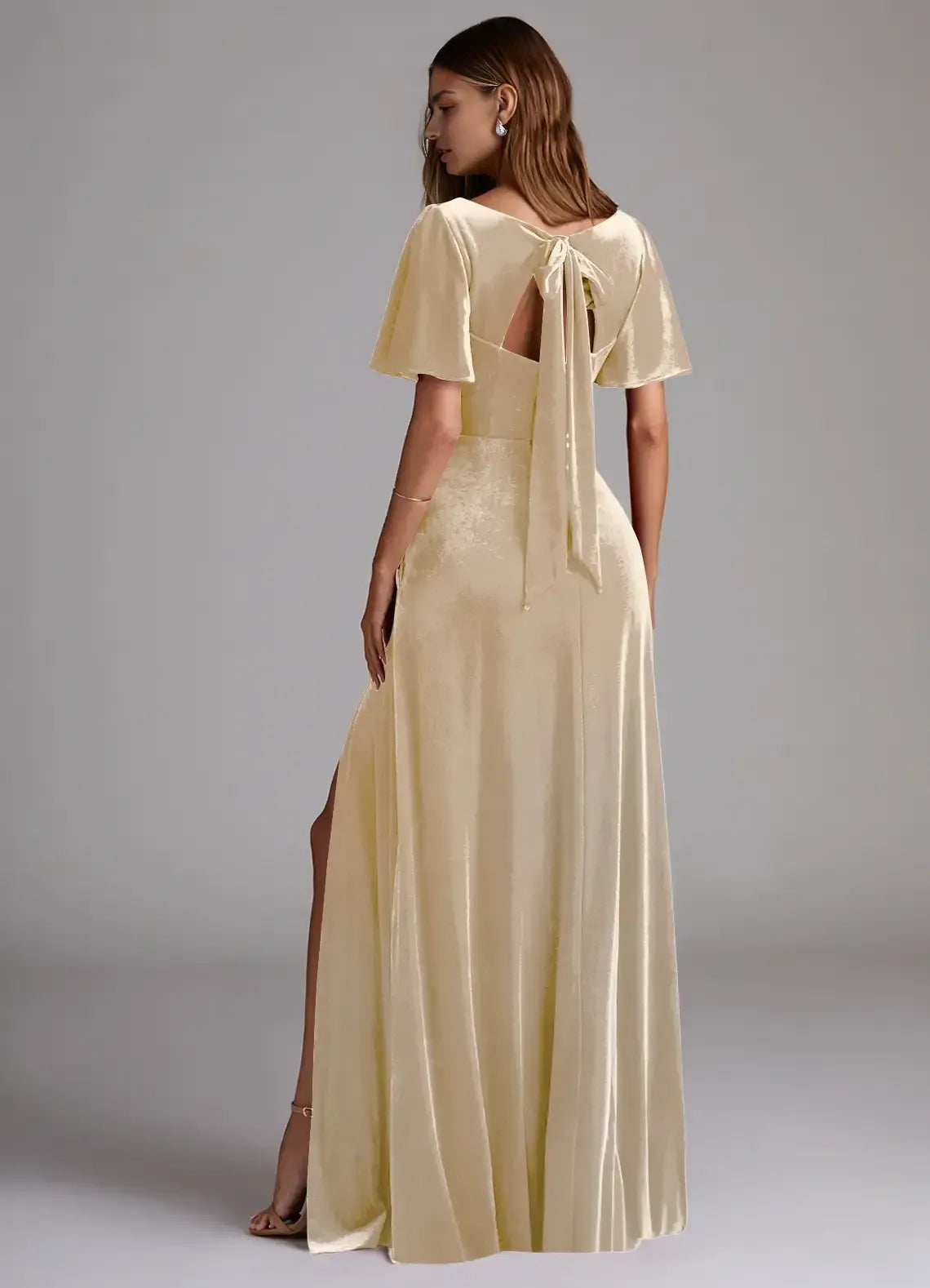V Neck Flutter Sleeve Cutout Back Tie Bow High Slit Velvet Long Bridesmaid Dress