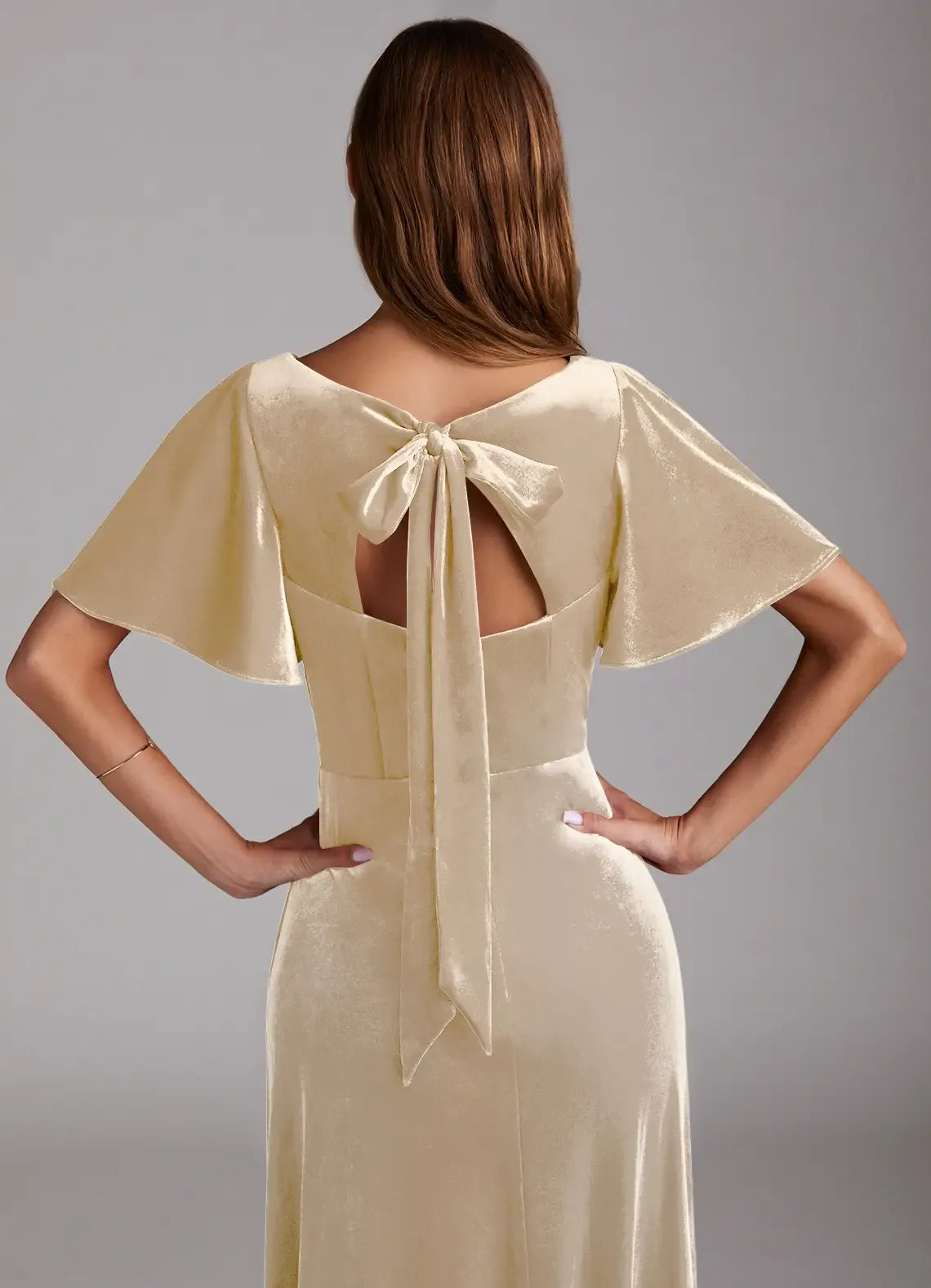 V Neck Flutter Sleeve Cutout Back Tie Bow High Slit Velvet Long Bridesmaid Dress