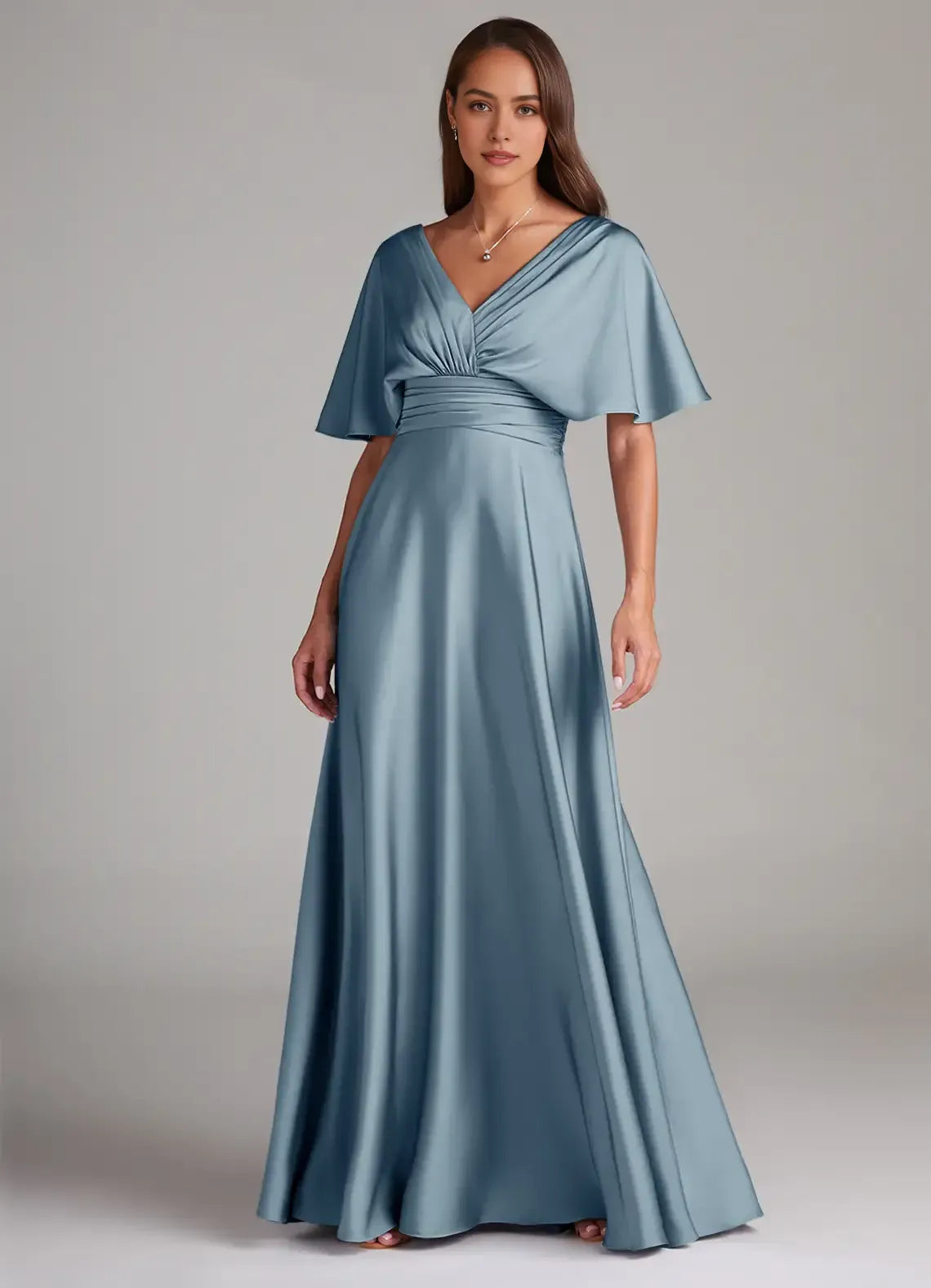 V Neck Flutter Sleeve Deep V Back Ruched Waist A Line Satin Long Bridesmaid Dress