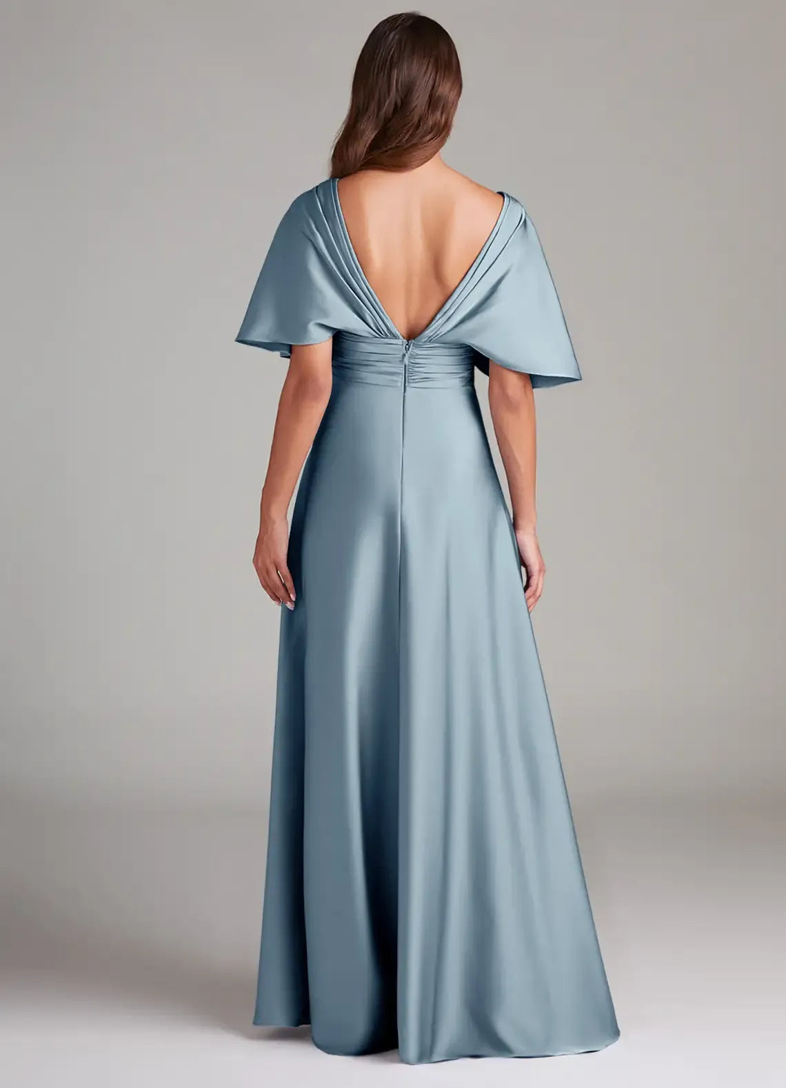V Neck Flutter Sleeve Deep V Back Ruched Waist A Line Satin Long Bridesmaid Dress