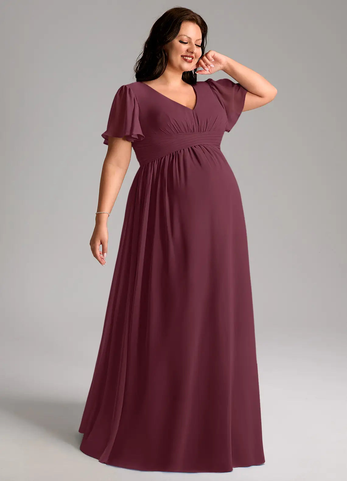 V-Neck Flutter Sleeve Empire Waist Floor-Length Plus Size Bridesmaid Dress