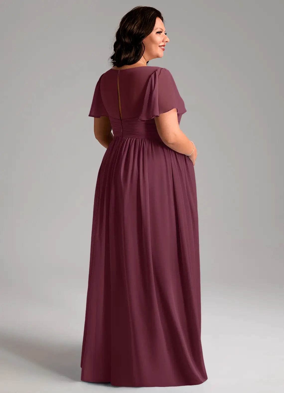 V-Neck Flutter Sleeve Empire Waist Floor-Length Plus Size Bridesmaid Dress