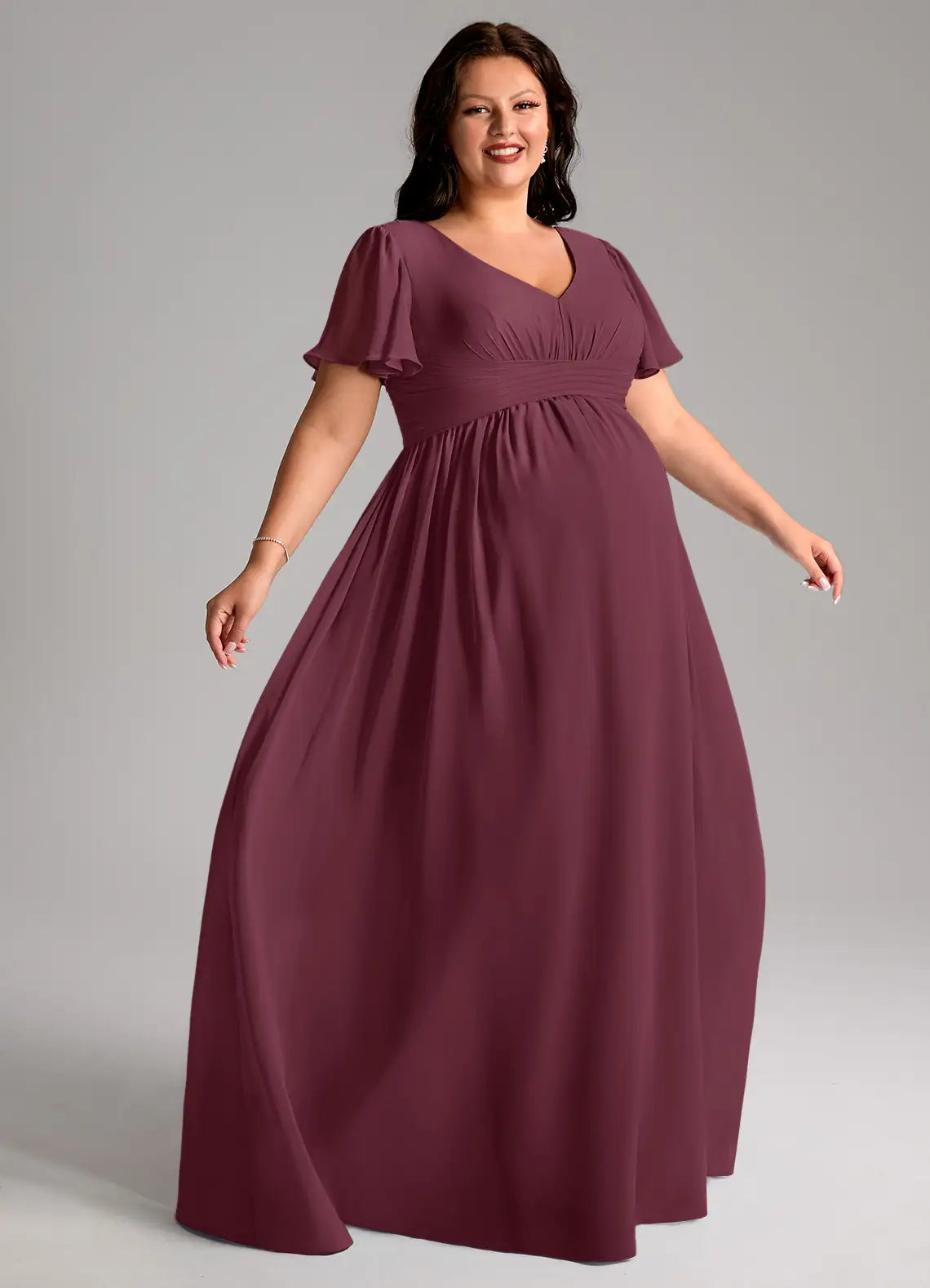 V-Neck Flutter Sleeve Empire Waist Floor-Length Plus Size Bridesmaid Dress