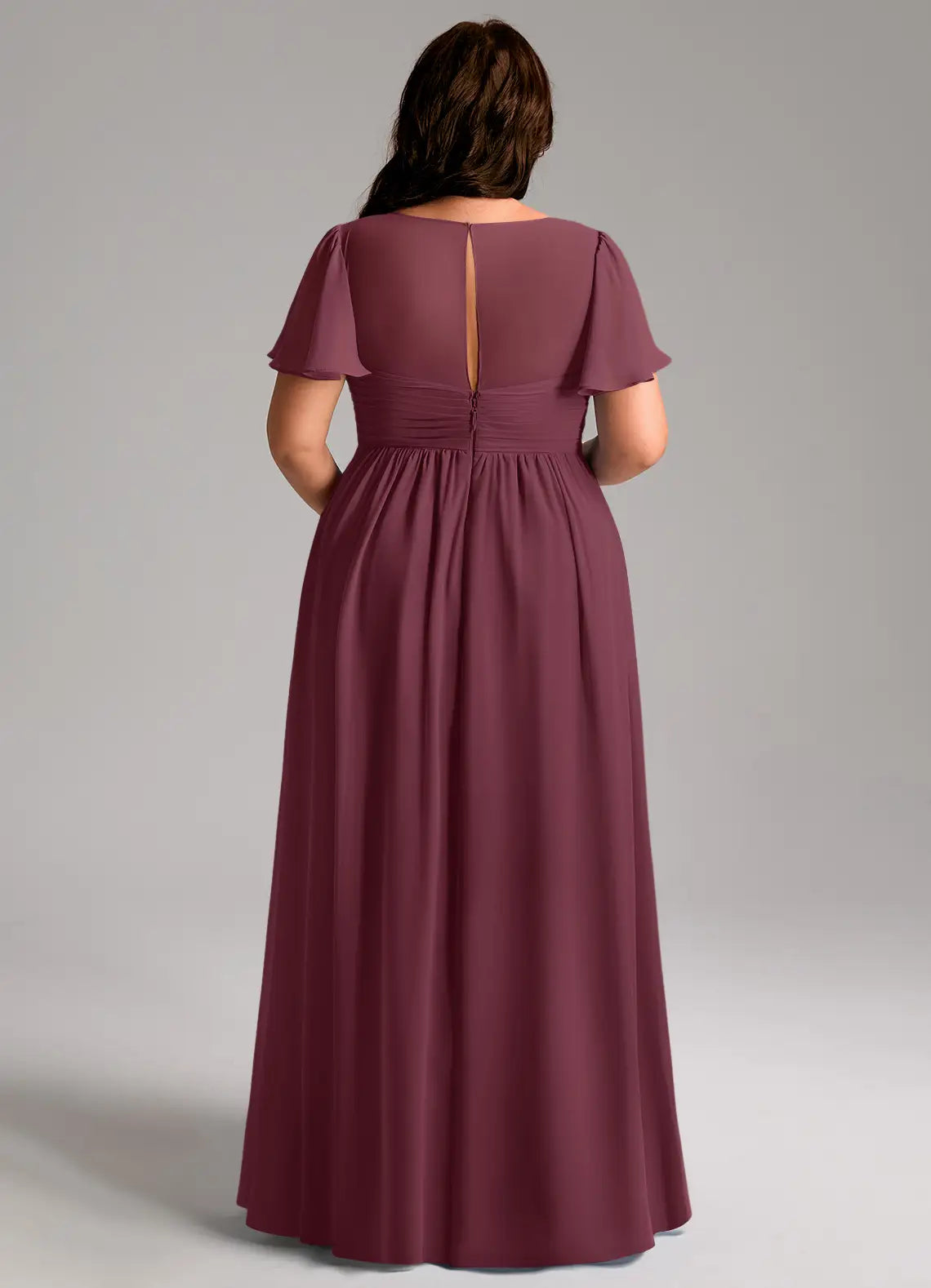 V-Neck Flutter Sleeve Empire Waist Floor-Length Plus Size Bridesmaid Dress