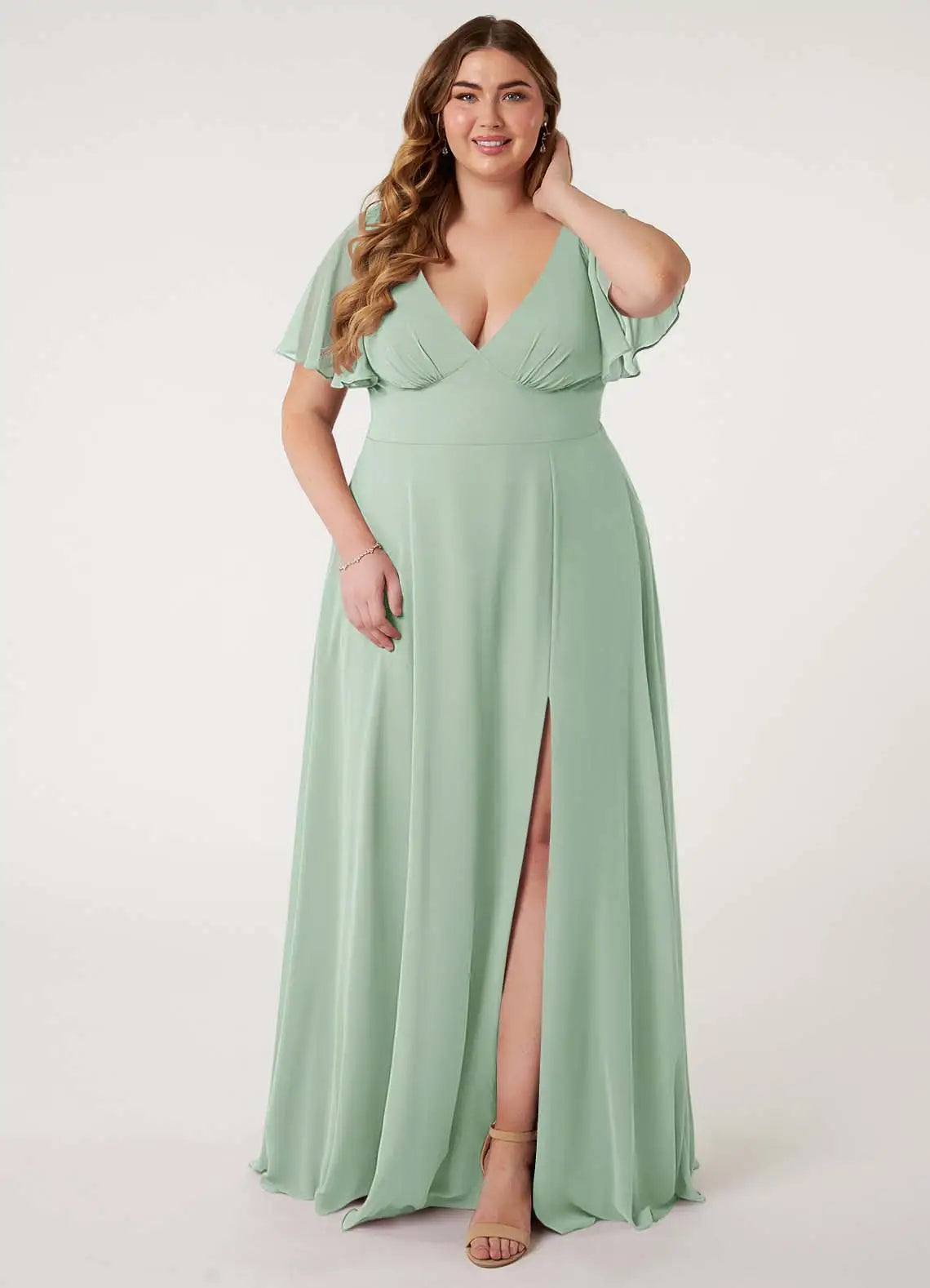 V-Neck Flutter Sleeve Slit Floor-Length Plus Size Bridesmaid Dress