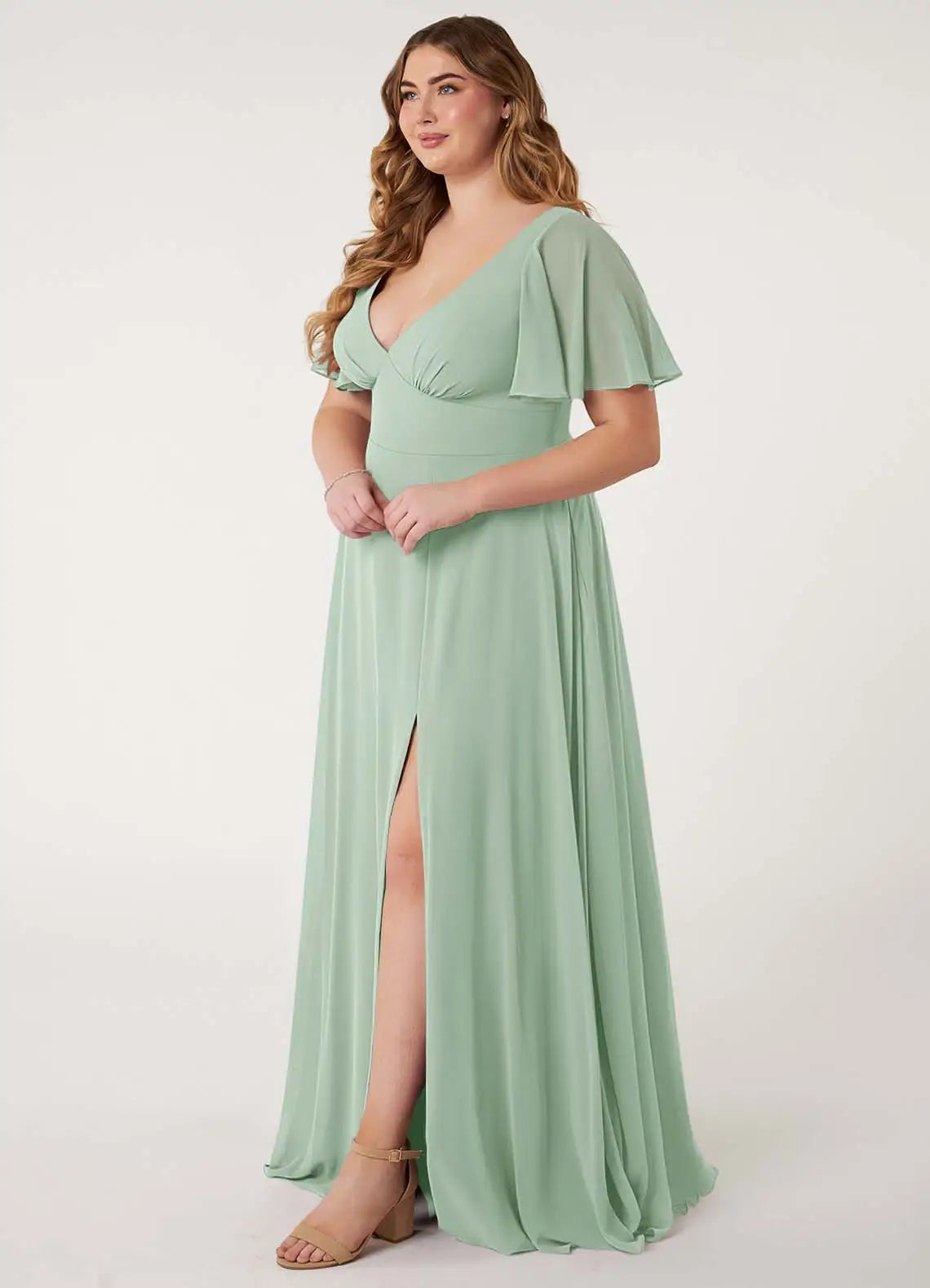 V-Neck Flutter Sleeve Slit Floor-Length Plus Size Bridesmaid Dress