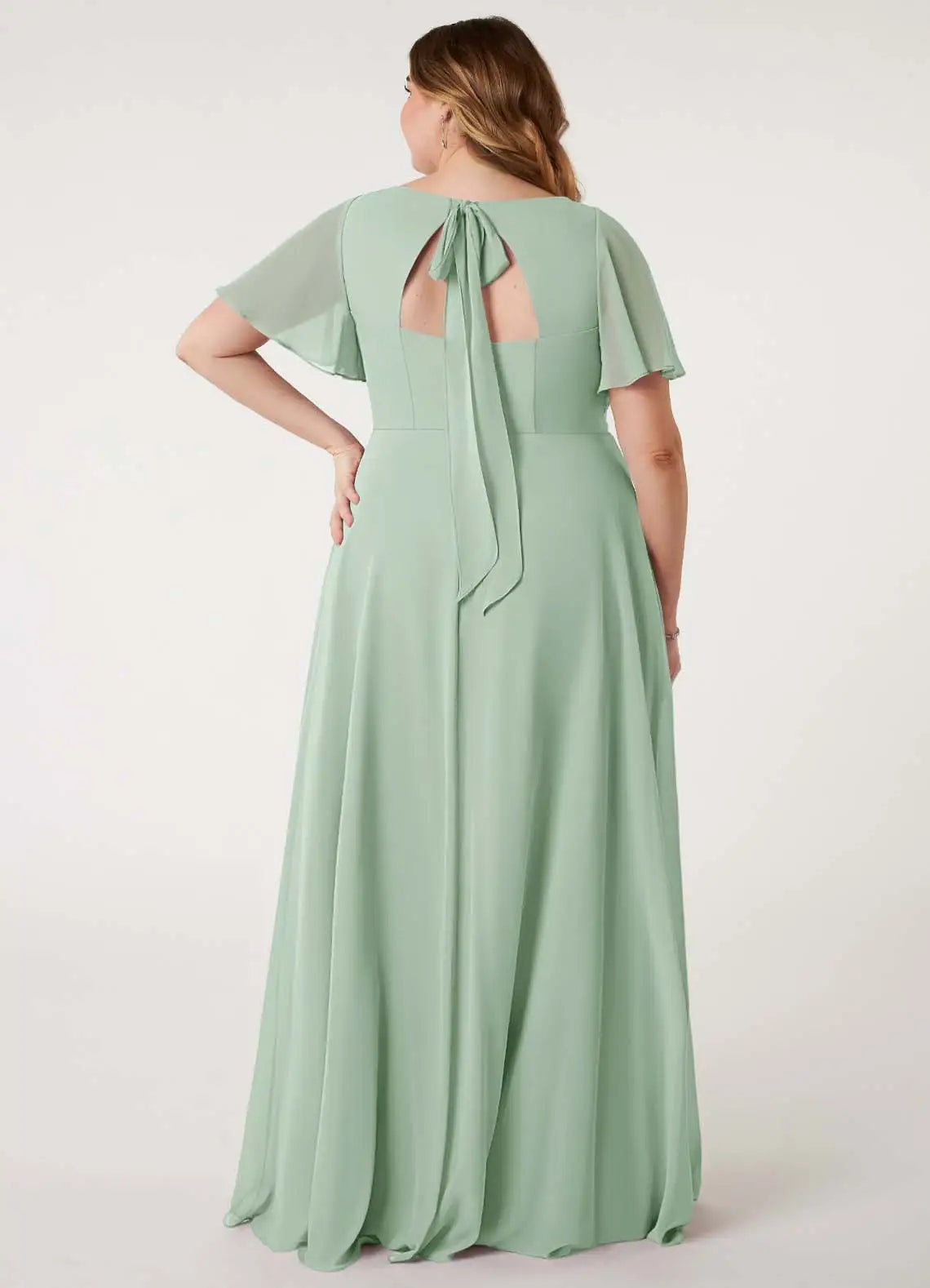 V-Neck Flutter Sleeve Slit Floor-Length Plus Size Bridesmaid Dress