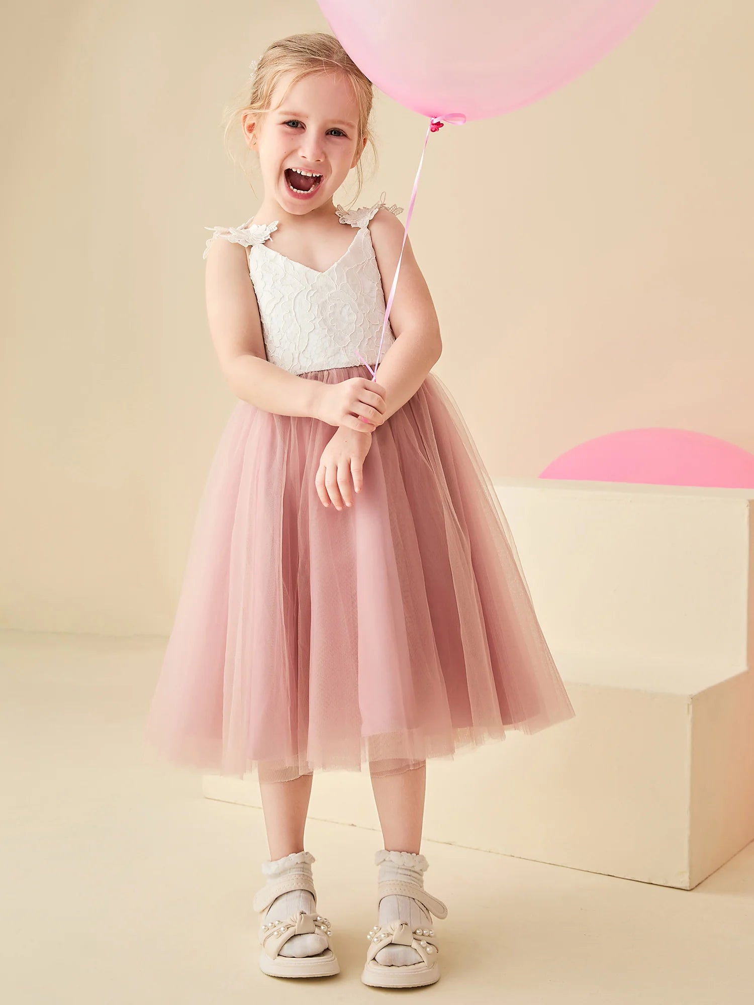 V Neck Lace Floral Strap Blush Tulle Midi Swing Flower Girl Dresses