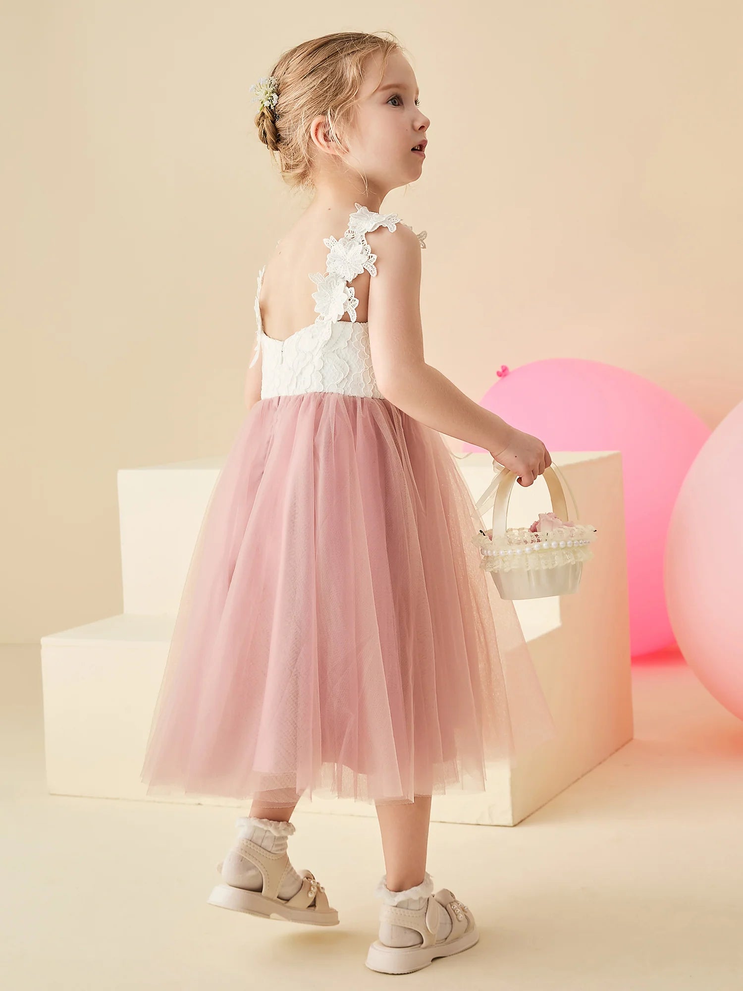 V Neck Lace Floral Strap Blush Tulle Midi Swing Flower Girl Dresses